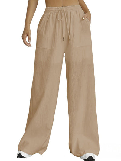 High Waisted Wide Leg Elasticity Pleated Pockets Solid Color Tied Waist Pants Trousers