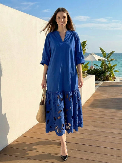 A-Line Long Sleeves Hollow Pleated Solid Color Split-Joint V-Neck Maxi Dresses