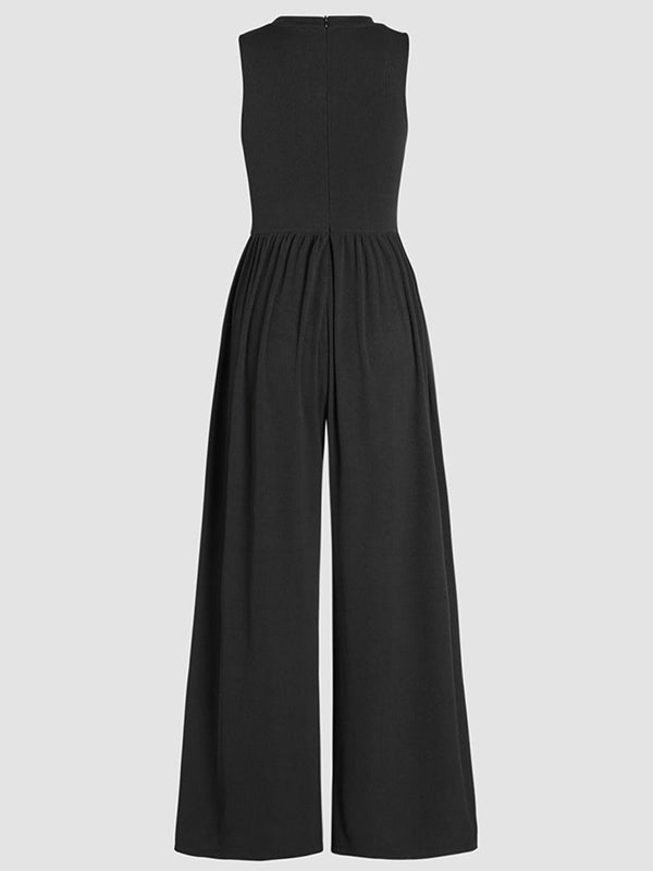 High Waisted Loose Pockets Solid Color Round-Neck Jumpsuits