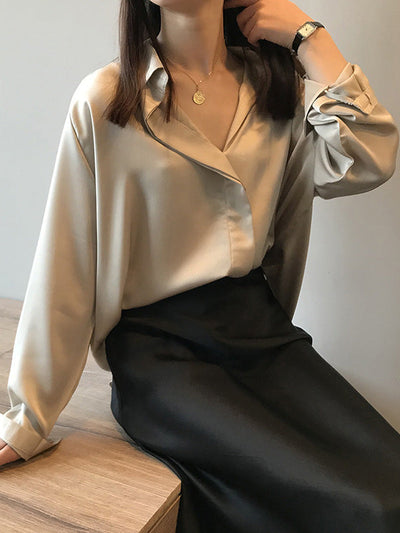 Satin V-Neck Loose Solid Color High-Low Long Sleeve Shirts