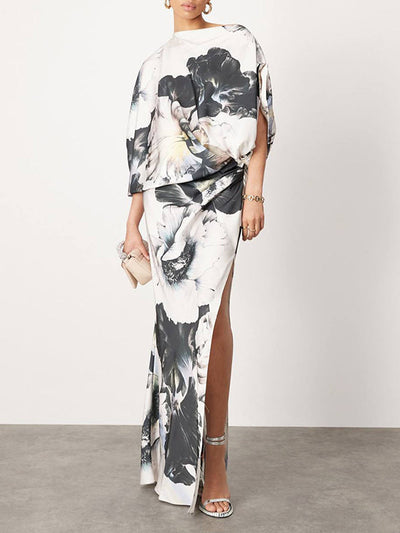 Batwing Sleeves Loose Asymmetric Floral Printed Split-Joint Split-Side One-Shoulder Evening Dresses Maxi Dresses