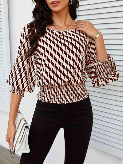 Loose Puff Sleeves Elasticity Printed Split-Joint Round-Neck Blouses&Shirts Tops