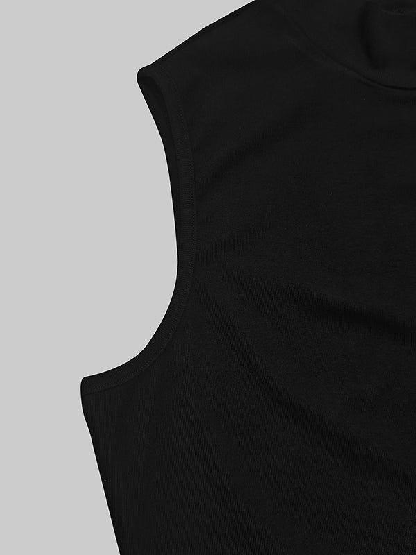 Bodycon Sleeveless Hollow Pleated Solid Color Split-Joint Mock Neck Maxi Dresses