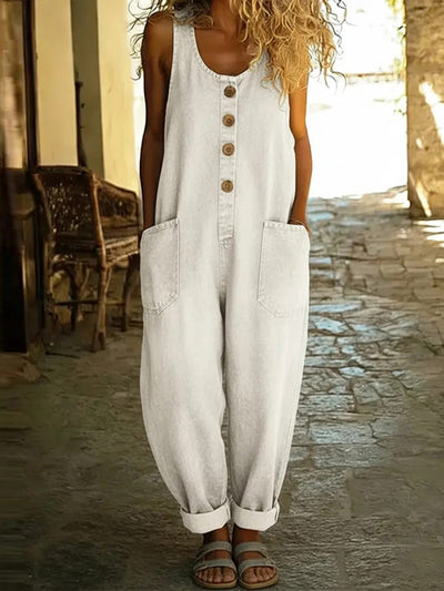Loose Plus Size Buttoned Pockets Solid Color Split-Joint U-Neck Overalls