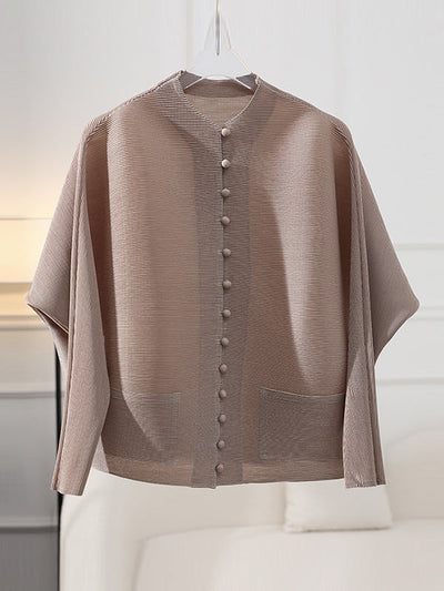 Long Sleeves Loose Buttoned Pleated Pockets Solid Color Round-Neck Outerwear