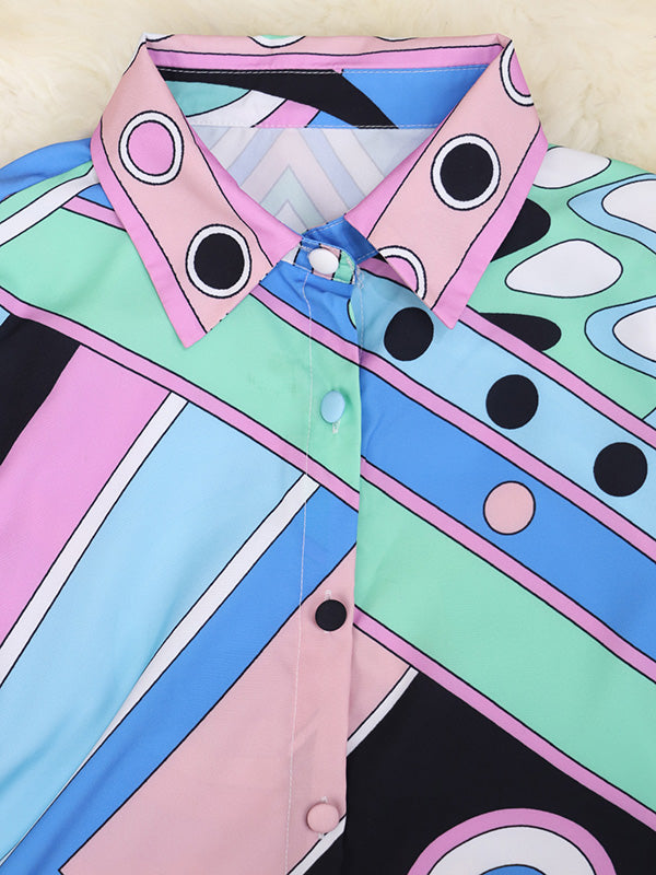 Buttoned Printed Lapel Blouses&Shirts Tops + Bodycon High Waisted Skirts Bottom Two Pieces Set