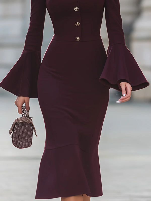 Bodycon Flared Sleeves Buttoned Solid Color High Neck Midi Dresses