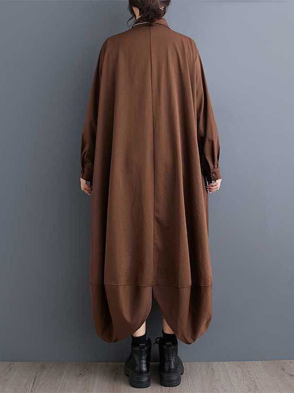A-Line Long Sleeves Buttoned Pockets Solid Color Split-Joint Lapel Midi Dresses Shirt Dress