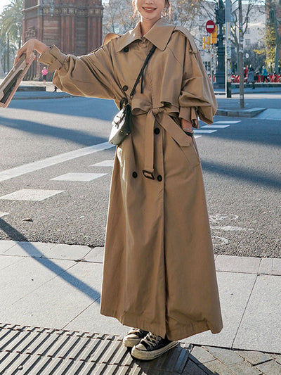 Long Sleeves Loose Buckle Buttoned Split-Back Tied Waist Lapel Outerwear Trench Coats