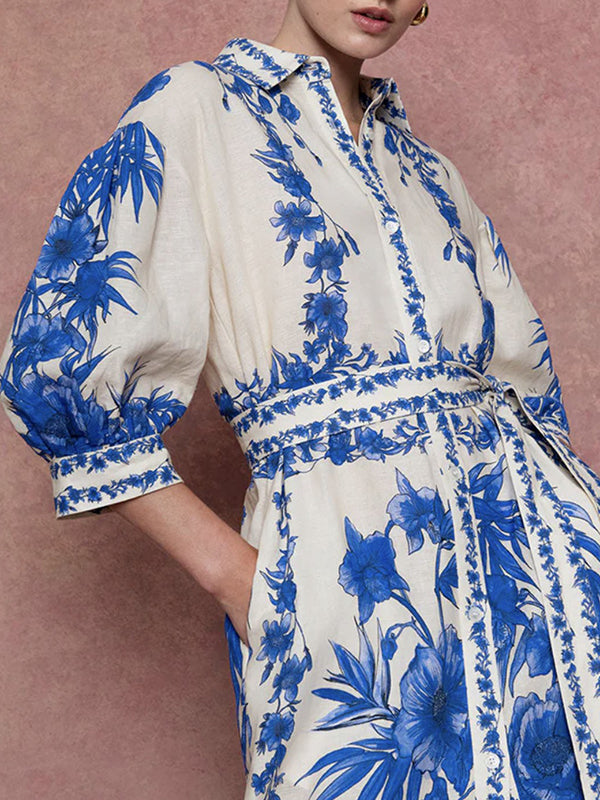 Loose Puff Sleeves Floral Printed Pleated Split-Joint Tied Waist Lapel Maxi Dresses Shirt Dress