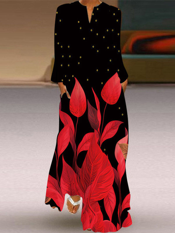 Long Sleeves Loose Contrast Color Printed Split-Joint V-Neck Maxi Dresses