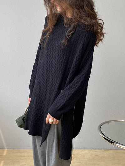 Original Irregular 5 Colors Split-Side Round-Neck Long Sleeves Sweater Top