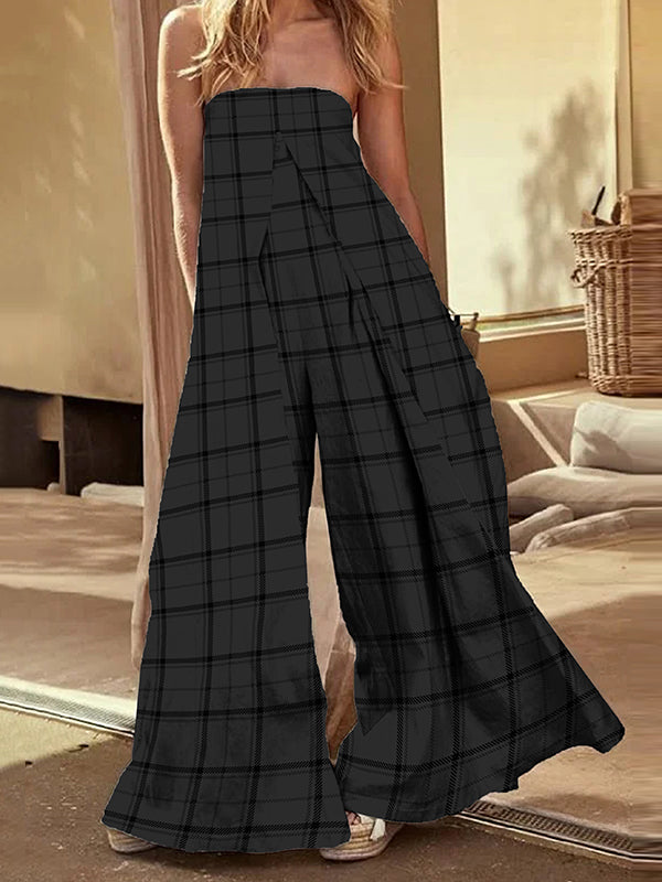 Loose Sleeveless Elasticity Plaid Split-Joint Tube Jumpsuits