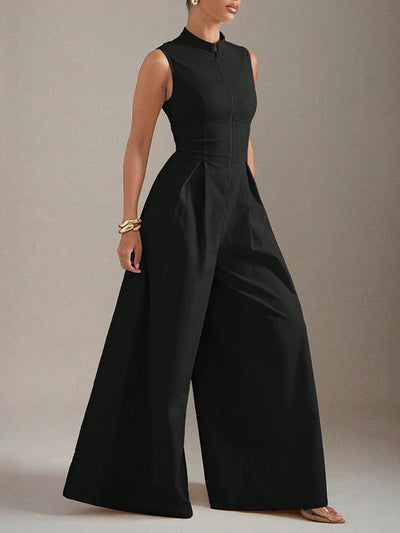 Sleeveless Wide Leg Pleated Solid Color Split-Joint Zipper Round-Neck Jumpsuits