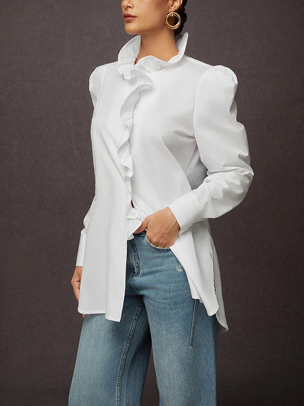 Loose Puff Sleeves Ruffled Solid Color Split-Joint Stand Collar Blouses&Shirts Tops