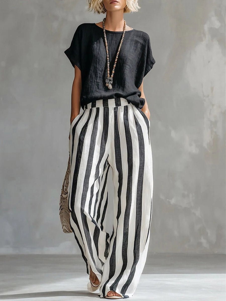 Plus Size Solid Color Round-Neck T-Shirts + Striped Pockets Contrast Color High Waisted Pants Trousers Two Pieces Set