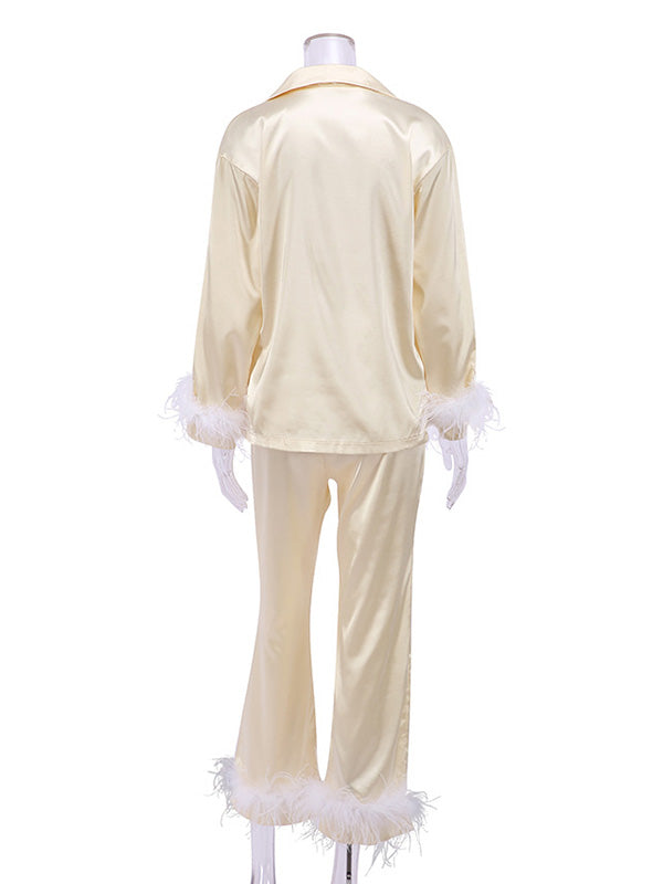 Long Sleeves Buttoned Feathers Split-Joint Notched Collar Shirts Top + Pants Bottom Pajama Sets