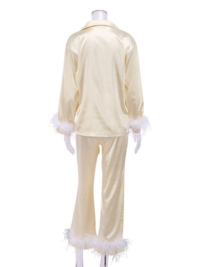 Long Sleeves Buttoned Feathers Split-Joint Notched Collar Shirts Top + Pants Bottom Pajama Sets
