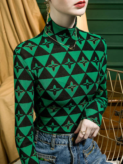 Long Sleeves Skinny Bronzing Contrast Color High Neck T-Shirts Tops