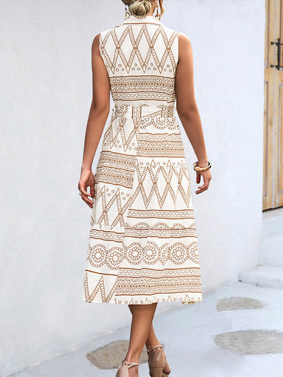 Sleeveless Buttoned Printed Tied Waist Lapel Collar Midi Dresses