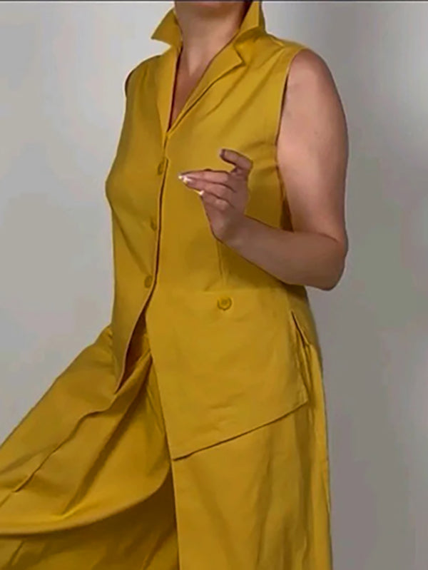 Sleeveless Buttoned Solid Color Lapel Vest Top