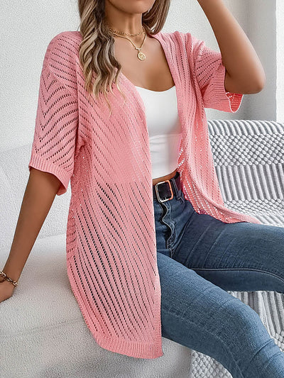 Half Sleeves Loose Hollow Solid Color Cardigan Tops
