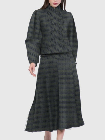 A-Line Long Sleeves Buttoned Plaid Split-Joint Stand Collar Sets Two-Piece Sets