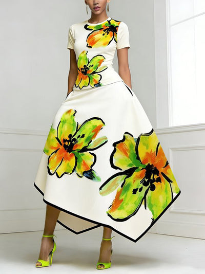 A-Line High Waisted Flower Print Pockets Skirts Bottoms