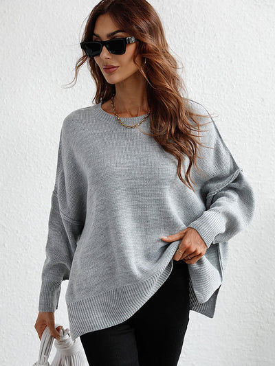 Casual Long Sleeves Loose Split-Side Solid Color Round-Neck Sweater Tops