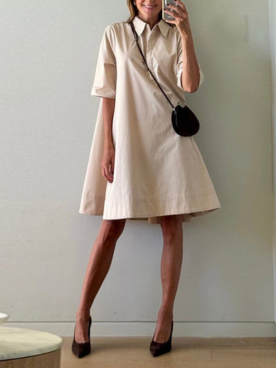 A-Line Short Sleeves Solid Color Split-Joint Lapel Mini Dresses Shirt Dress