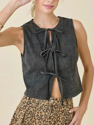 Loose Sleeveless Lace-Up Split-Joint Round-Neck Vest Top