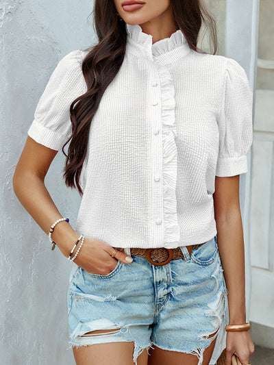 Loose Puff Sleeves Buttoned Ruffle Trim Striped Stand Collar Blouses&Shirts Tops