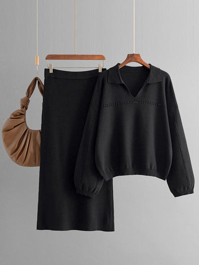 Loose Puff Sleeves Hollow Solid Color Sweater + Elasticity Skirt Two Pieces Set