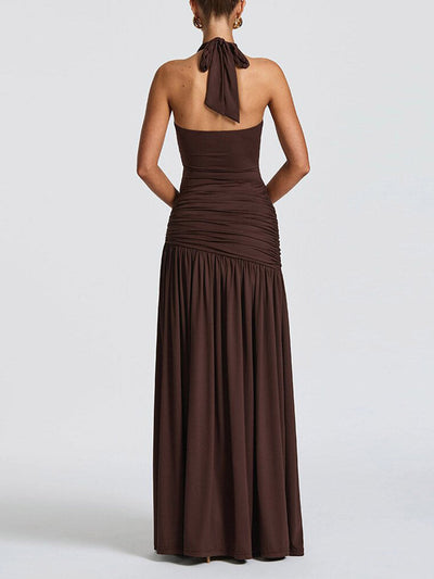 Back Stretch Equipment Bodycon Buckle Pleated Solid Color Split-Joint Split-Side Halter-Neck Maxi Dresses