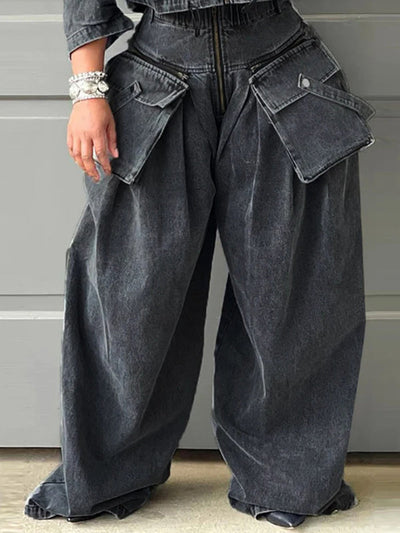 Loose Wide Leg Pleated Pockets Split-Joint Zipper Jean Pants Bottoms