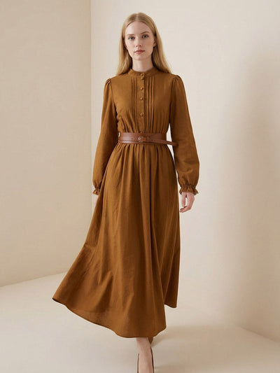 A-Line Elasticated Waist Belted Buttoned Contrast Color Pleated Split-Joint Stand Collar Maxi Dresses Shirt Dress