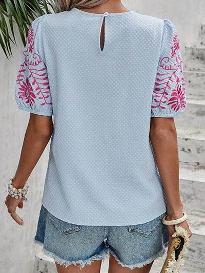 Loose Short Sleeves Bow-Embellished Contrast Color Split-Joint Round-Neck Blouses&Shirts Tops