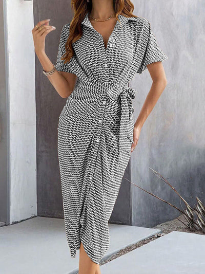 Bodycon Half Sleeves Buttoned Contrast Color Tied Waist Lapel Midi Dresses