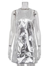A-line Loose Shiny Solid Color Zipper Round-neck Mini Dresses