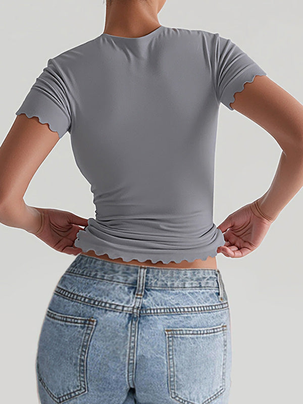Short Sleeves Skinny Solid Color Round-Neck T-Shirts Tops