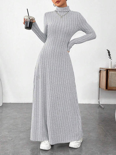 Long Sleeves Pleated Solid Color Split-Joint High Neck Maxi Dresses