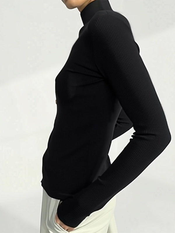 Long Sleeves Skinny Buttoned Solid Color High Neck T-Shirts Tops