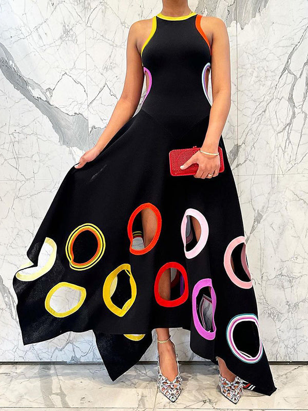 A-Line High Waisted Contrast Color Hollow Round-Neck Maxi Dresses