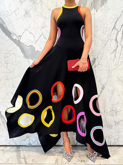 A-Line High Waisted Contrast Color Hollow Round-Neck Maxi Dresses
