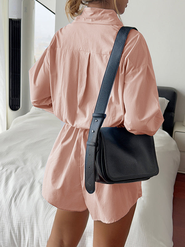 High Waisted Long Sleeves Buttoned Pleated Solid Color Split-Joint Lapel Rompers