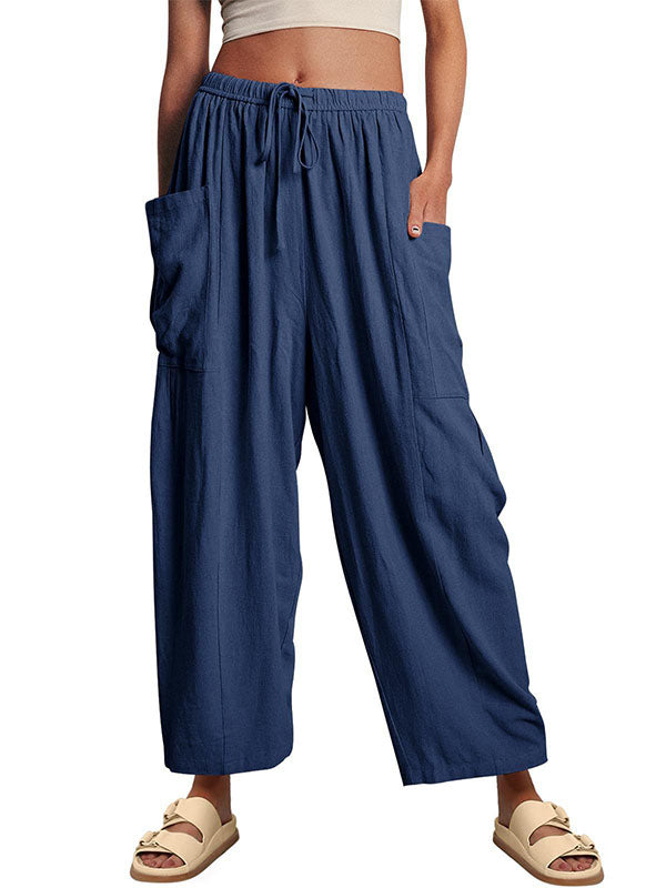 High Waisted Loose Drawstring Elasticity Pleated Pockets Solid Color Ninth Pants Trousers