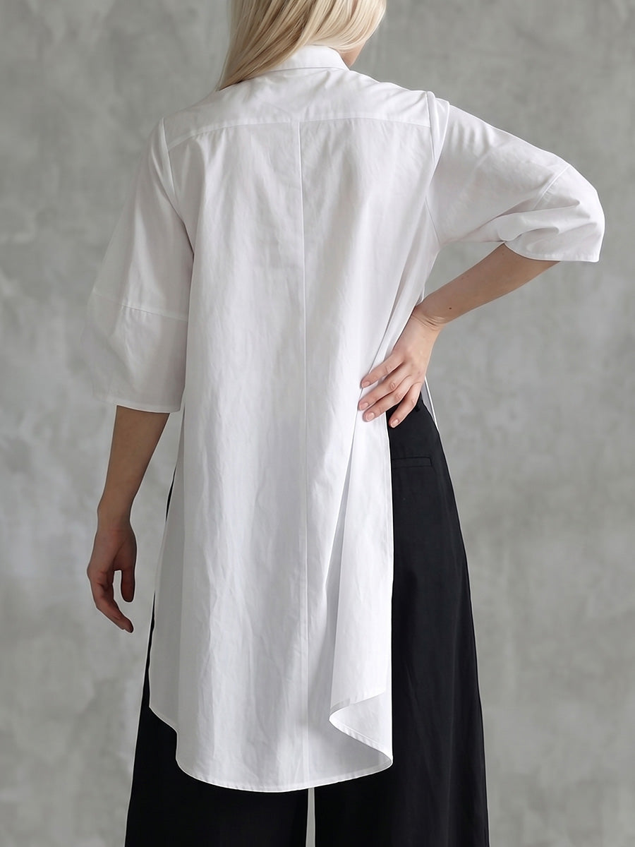 Half Sleeves High-Low Buttoned Solid Color Split-Joint Lapel Blouses&Shirts Tops