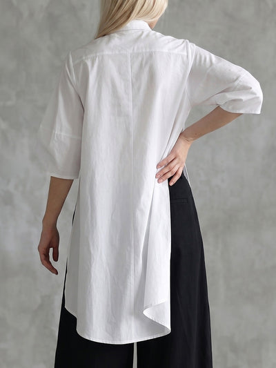 Half Sleeves High-Low Buttoned Solid Color Split-Joint Lapel Blouses&Shirts Tops