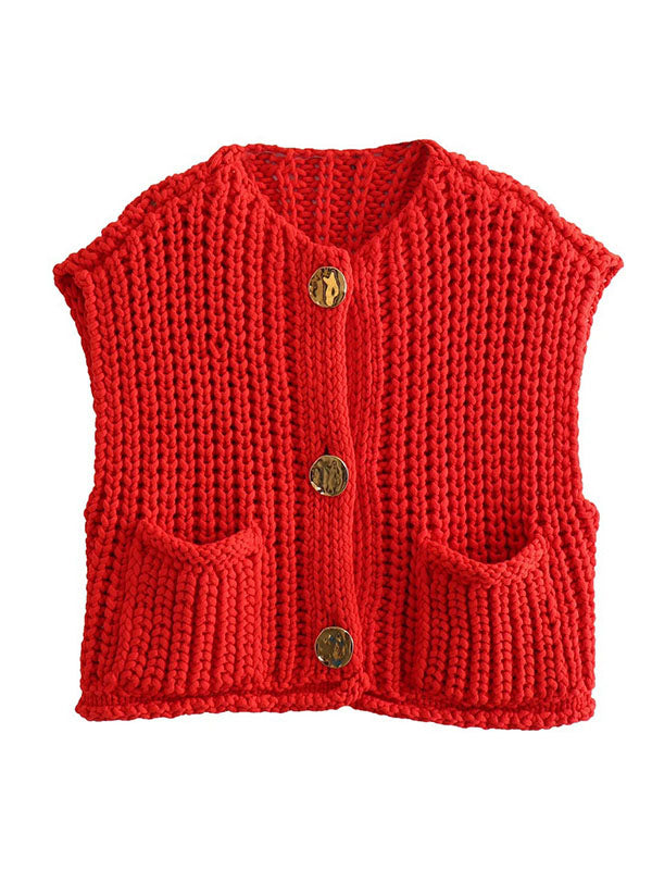 Loose Sleeveless Buttoned Pockets V-Neck Vest Outerwear