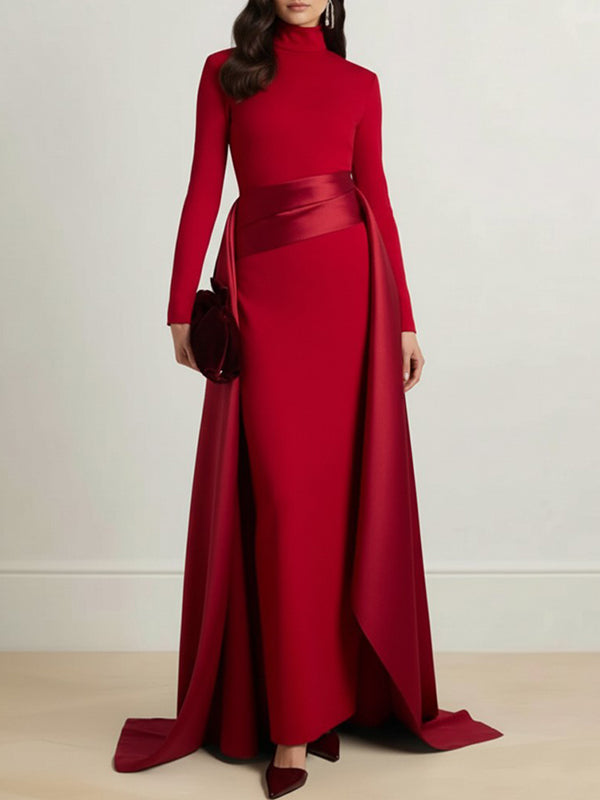 Bodycon Elasticated Waist Asymmetric Solid Color Split-Joint High Neck Maxi Dresses